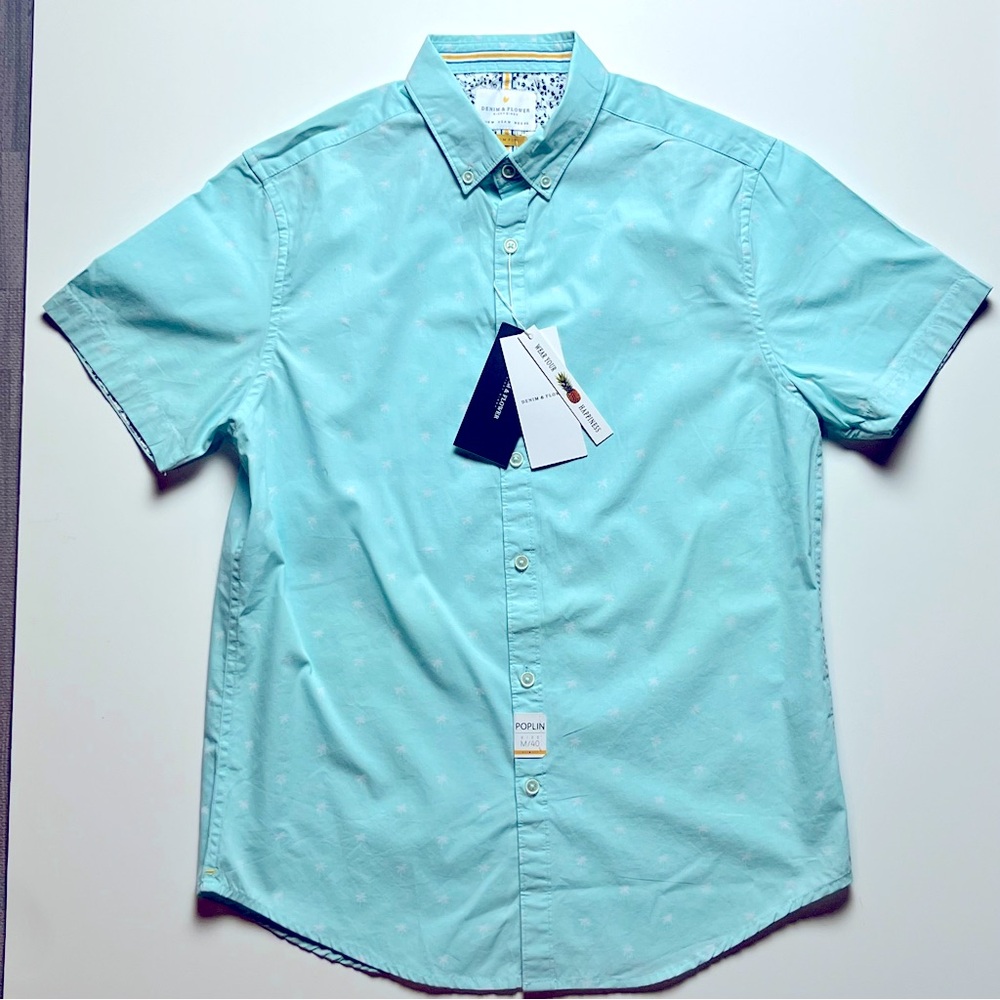 🆕 Denim Flower Palm Tree Short Sleeve Button Down - Med - Picture 3 of 4